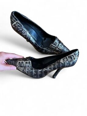 Chinese Laundry Black MetallicCroc-Embossed Pointed Toe Heels with Buckle Detail